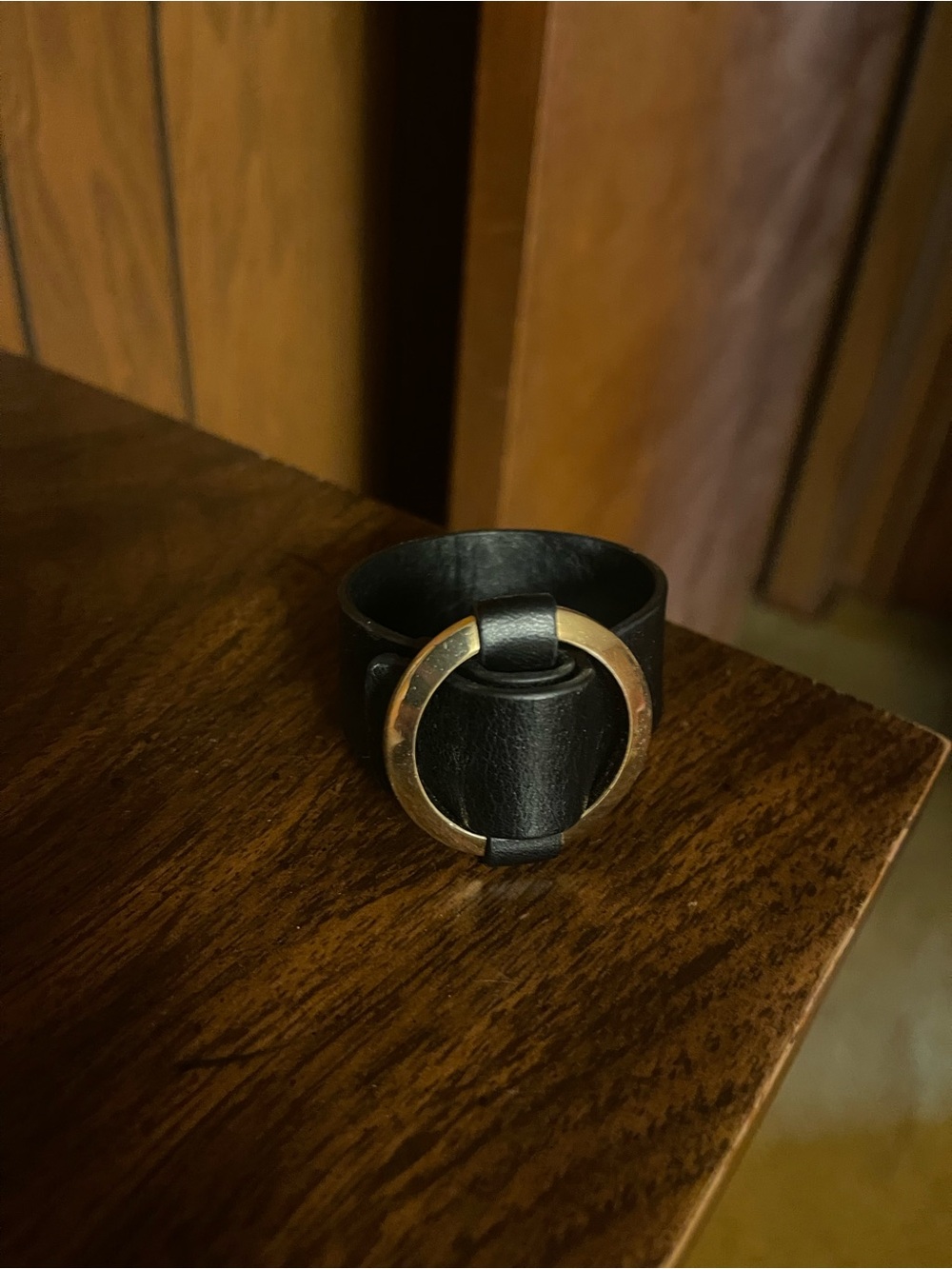 Black Leather Ring Buckle Bracelet with Gold-Tone Accent